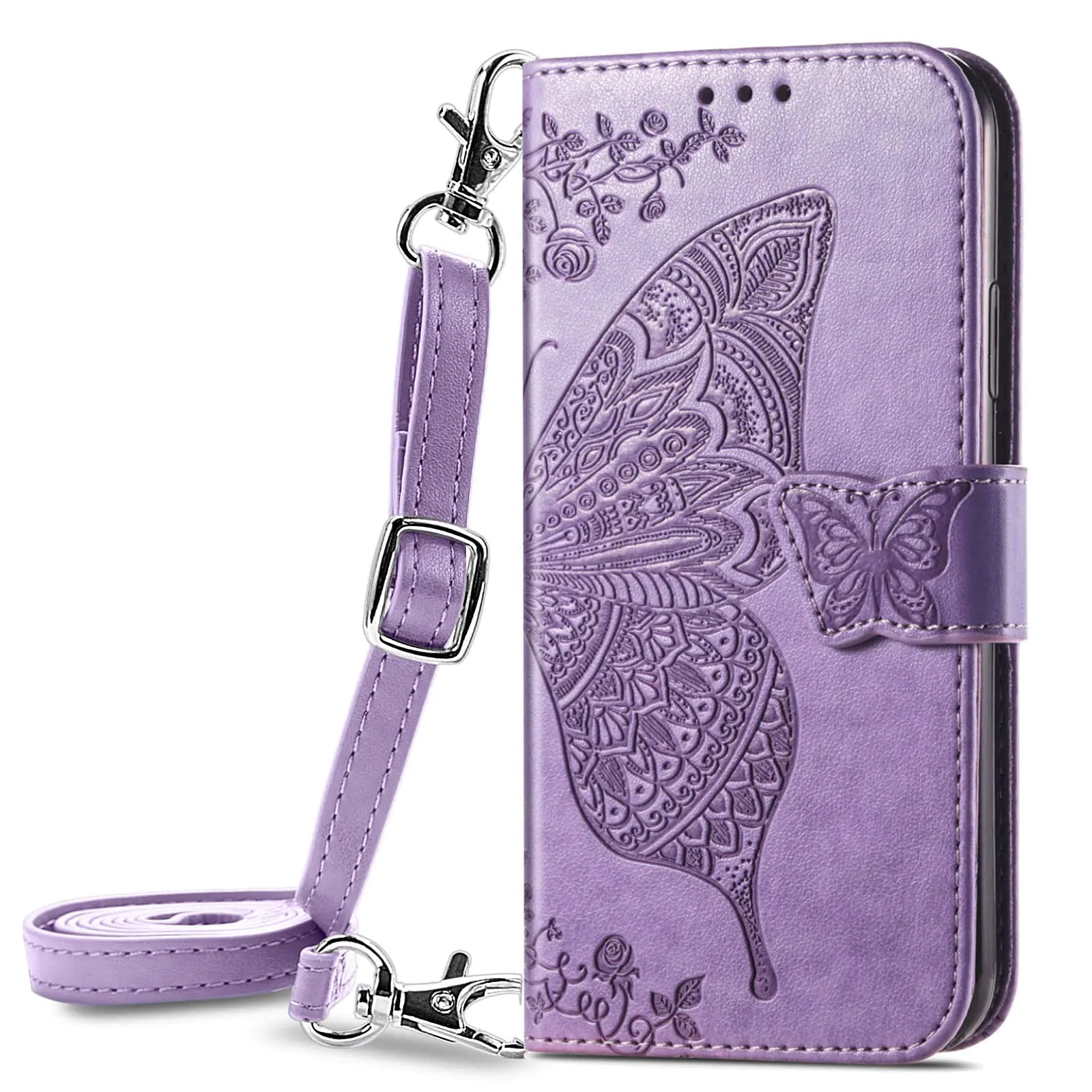 Crossbody Butterfly Case for iPhone 16 Pro Max Wallet Case [Butterfly & Flower Embossed] Leather Wallet Case Women Girls (Lavender)